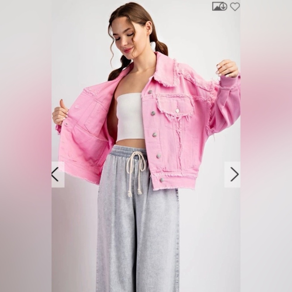 Pink Raw Hem Button Denim Jacket with Pockets